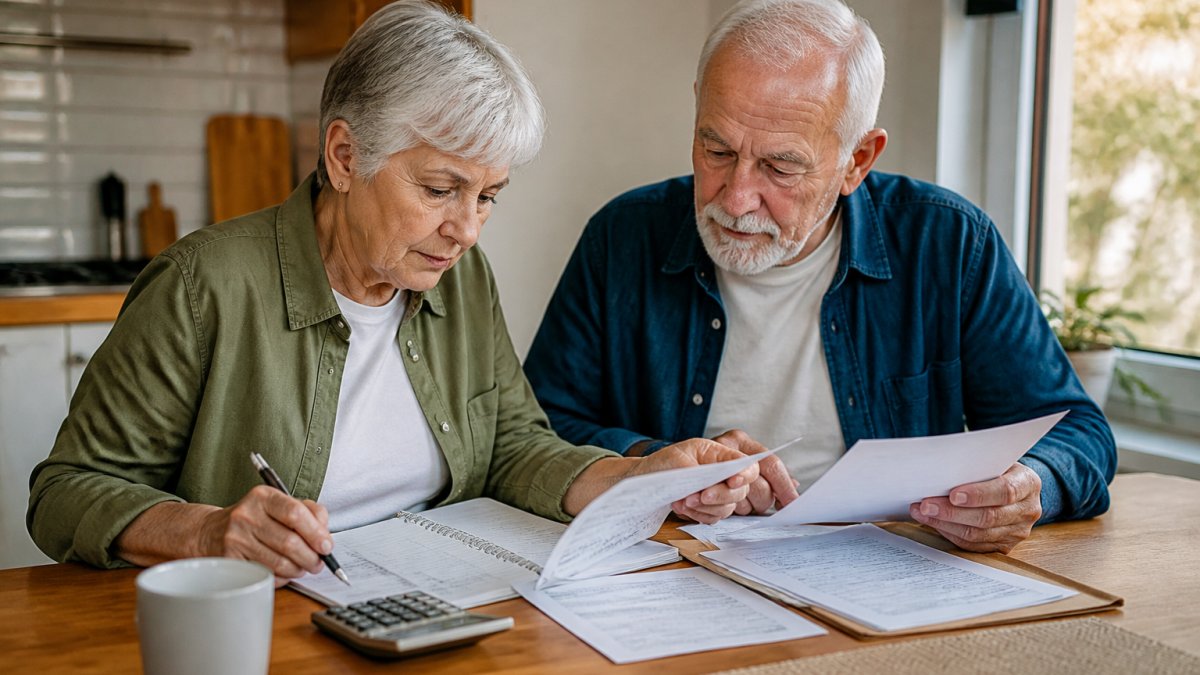 An older couple in a comfortable home office reviewing a savings ledger and bank statements together at a kitchen table, warm natural light