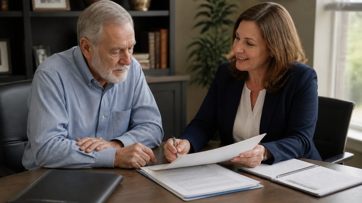 Senior adult meeting with an insurance professional at a desk, reviewing Medicare plan documents together in a warm, professional office setting